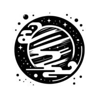 Abstract Monochrome Celestial Illustration Planetary Orbit with Cosmic Dust, Stars, and Stylized Clouds within a Circular Border. vector