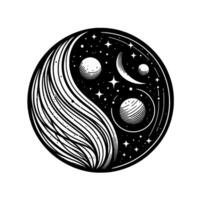 YinYang Cosmic Balance A stylized black and white illustration of space elements within a circular symbol of harmony and duality. vector