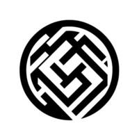 Monochrome abstract design, featuring a circular mazelike pattern, with strong black and white contrast, and geometric forms. vector