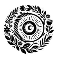 Black and White Circular Botanical with a Central Spiral Sunburst and Floral Border vector