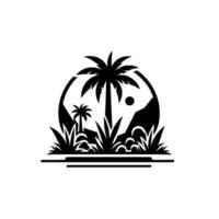 Silhouette of a tropical landscape with palm trees, mountains, and a sun, enclosed within a stylized oval frame of vegetation. vector