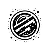 Abstract black and white of a stylized planet within concentric circles and scattered dots, evoking space and cosmic themes. vector