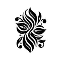 Symmetrical Black and White Floral with Flowing Lines, Leaf Shapes, and Decorative Swirls on a White Background. vector