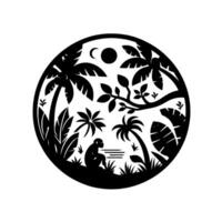 A serene black and white paper cut of a monkey contemplating the world, set within a circle of lush tropical flora under a moonlit sky. vector