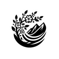 Black and white illustration of cherry blossom branches and stylized mountain range in a circular arrangement. vector