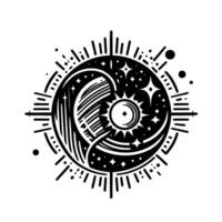 Celestial Yin Yang Intricate black and white illustration of a sun and moon merging within a starfilled sphere, surrounded by celestial bursts. vector