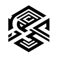 Abstract, bold monochrome geometric featuring a layered hexagonal structure with interlocking shapes and sharp angles on a white backdrop. vector