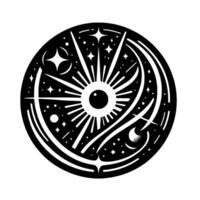 Monochromatic circular celestial with a central sun or eye, stars, crescent moon, and stylized cosmic elements in a bold style. vector