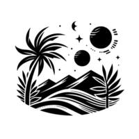 A black and white artistic illustration featuring a stylized tropical landscape with palm trees, mountains, celestial bodies, and flowing lines. vector