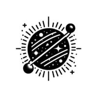 Monochrome Cosmic Symbol Stylized Planet with Orbital Spheres, Stars, and Radiating Lines on a White Background vector