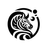 Stylized Black and White Zebra Head Within a Circular Frame, with Minimalist and Geometric Accents. vector