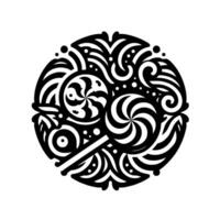 Intricate Black and White Circular Featuring Two Swirling Lollipops and Ornate, Flowing Decorative Elements, Evoking Elegance and Symmetry. vector