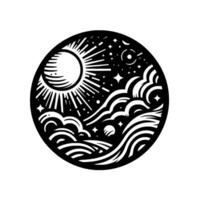 Celestial Sphere Day and Night in a Round Black and White Composition of Sun, Moon, Stars, Clouds, and Waves. vector