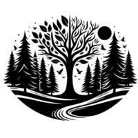 Black and White Silhouette A Scenic Oval Composition Featuring a Majestic Tree, Forest, Birds, and a Sun or Moon vector