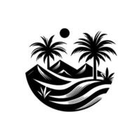 Stylized black and white desert landscape with palm trees, mountains, sun, and sand dunes contained within a semicircular frame. vector