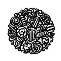 A Circular Black and White Illustration of a Whimsical Candy Composition, Featuring Lollipops, Candies, and Sweets in a Decorative, Ornamental Arrangement. vector
