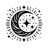 A symmetrical black and white celestial illustration, featuring a crescent moon surrounded by radiating lines and stylized stars, creating a mystical and cosmic aesthetic. vector