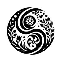 Intricate Floral Yin Yang Symbol in Black and White with Detailed Botanical Patterns on a White Background, Illustrating Balance vector