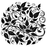 Intricate black and white circular floral composed of stylized leaves, swirls, and branches in symmetrical pattern. vector