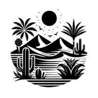 Minimalist Black and White Desert Landscape Depicting Cacti, Palm Trees, Dunes, and Sun Silhouette with Birds in a Circular Composition. vector
