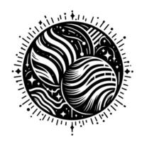 Celestial Black and White Illustration Three Intertwined Planets with Starburst, Abstract, Minimalist, Geometric Design. vector