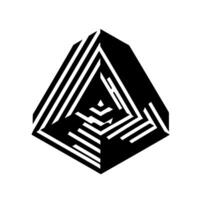 A geometric, threedimensional pyramid, constructed from alternating black and white parallel lines on a clean white background. vector