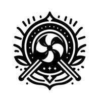 Bold black white emblem featuring a stylized drum with mallet cross, adorned with decorative circular details and leaf accents. vector