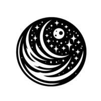 Stylized Celestial Sphere Crescent Moon, Stars, and a Full Moon in a Black and White Circular Composition. vector