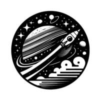 Retrostyle Black and White Space Illustration of a Rocket Launching from a Ringed Planet, Surrounded by Stars and Celestial Bodies within a Circular Frame vector