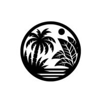 Black Silhouette of Tropical Scene in a Circle Palm Tree, Foliage, Sun, and Sea vector