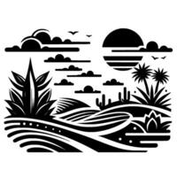 A stark black and white minimalist landscape illustration depicting a desert scene with cacti, palm trees, stylized sun, clouds, and flying birds, evoking a serene and feel. vector