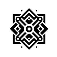 Symmetrical Black and White Geometric Starburst Mandala with Intricate Interlocking Shapes, Circles, and Square Elements vector