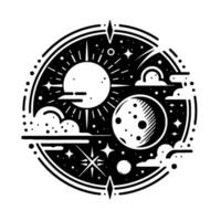 Celestial Circle Monochromatic Illustration of Sun, Moon, Stars, and Clouds Within a Decorative Frame. vector