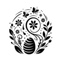 Black and white floral Easter egg with butterflies, flowers, leaves, and dots arranged in a circular composition. vector