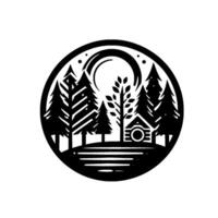 illustration of a serene forest cabin scene within a black circular frame, under a moon, minimalist art style. vector