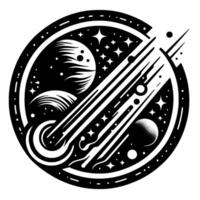 Stylized Black and White Space Emblem Planets, Stars, and Comet Trails Within a Circular Frame. vector