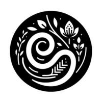 Ornate circular monochrome featuring a stylized letter S intertwined with floral and botanical elements against a solid black backdrop. vector