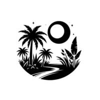 Stylized Nighttime Tropical Island Scene, Circular with Palm Trees, Waterway, Moon, and Lush Vegetation in Black and White. vector