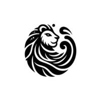 Black White Lion Logo A stylized portrait of a lions head within a circular with a dynamic, flowing mane. vector