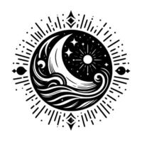 Symbolic Black and White Celestial Design Crescent Moon, Sun, Stars, and Waves Within a Circular, Textured Frame. vector