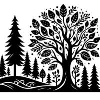 Black and white stylized illustration of a grand tree surrounded by smaller trees in a serene forest landscape, evoking a sense of natures harmony. vector