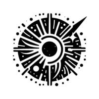Intricate Black and White Circular Featuring a Central Sunlike Form with Radiant Lines and Dot Accents, Creating a Stylized, Abstract Composition. vector