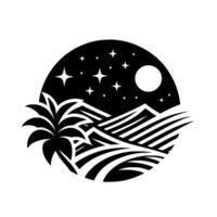 Stylized Monochrome Night Scene Palm Tree, Rolling Hills, Moon, Stars, Set Within a Circle. vector