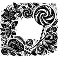 Ornate Black and White Lollipop and Floral Frame, Stylized Art with Swirls and Dots. vector