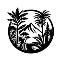 Intricate Black and White Circular Landscape Palm Trees, Mountain Range, and Tropical Vegetation. vector