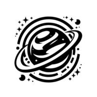 Stylized Black and White Cosmic Design Planet with Rings, Stars, and Circular Elements on a Clean White Background. vector