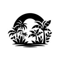 Silhouette of a tropical landscape, depicting palm trees and lush vegetation enclosed within an arc, minimalist design. vector