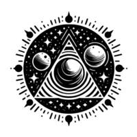 Symbolic Black White Geometric Illustration TriangleEyed Vortex Within a Starry Circular Frame, Stylized Celestial Art. vector