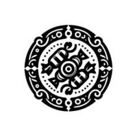 Intricate Black White Circular Ornament with Candy Motif, Dot Border, Detailed Decorative Design, Isolated on White Background. vector