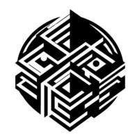 Isometric Geometric Face Composition in Black, White, and Gray, Set Inside a Circle, with Labyrinthine Lines Minimalist Aesthetic vector